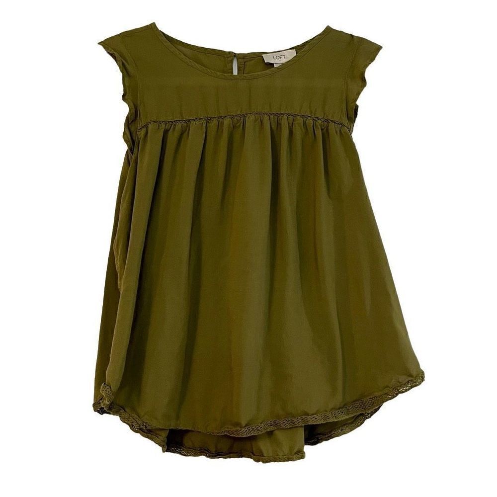 Ann Taylor LOFT Army Green Babydoll Pleated Blouse Medium